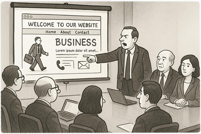 A corporate boardroom full of executives is reviewing a painfully outdated company website projected on a screen—a site with obvious clip art and Comic Sans font. The CEO is pointing at the screen.